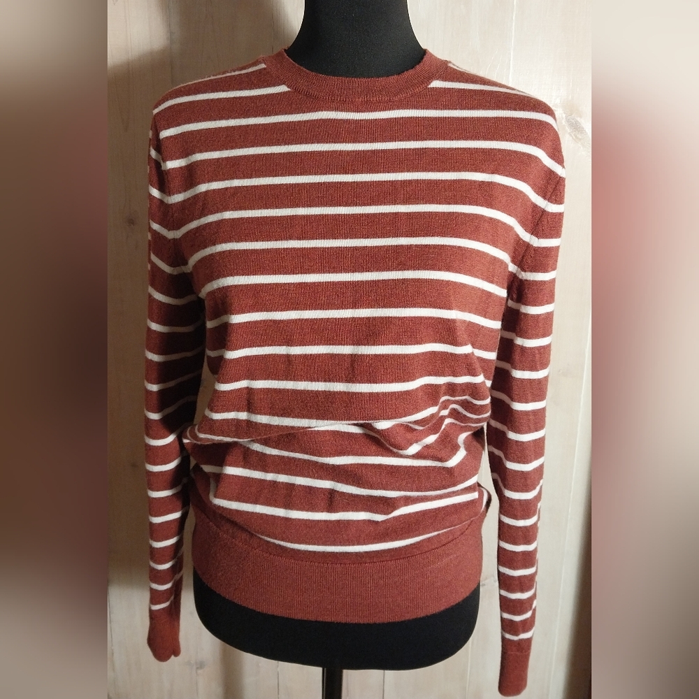 Italian Merino Yarn Striped Rust and White Sweater Size MED Banana Republic